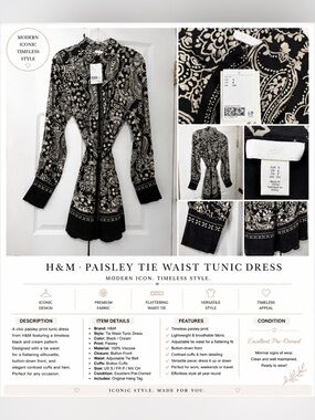 H&M Black and Cream Paisley Tie-Waist Long Sleeve Dress